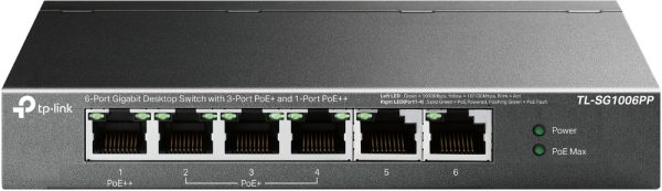 TP-Link JetStream TL-SG1006PP 6 Puertos Conmutador Ethernet - Gigabit Ethernet - 10/100/1000Base-T - 2 Capa compatible - 71.46W Power Consumption - 64W Rendimiento PoE - Par trenzado - PoE Ports - De Escritorio, Montable en bastidor SWITCH GIGABIT DE SOBREMESA DE 6 PUERTOS CON POE DE 3 PUERTOS