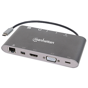 Manhattan Docking Station 152808 USB C, 3x USB 3.0, 1x USB C, 1x HDMI 1x VGA, Plata RJ45 MINI DP 3 USB 3.5MM LECTOR SD