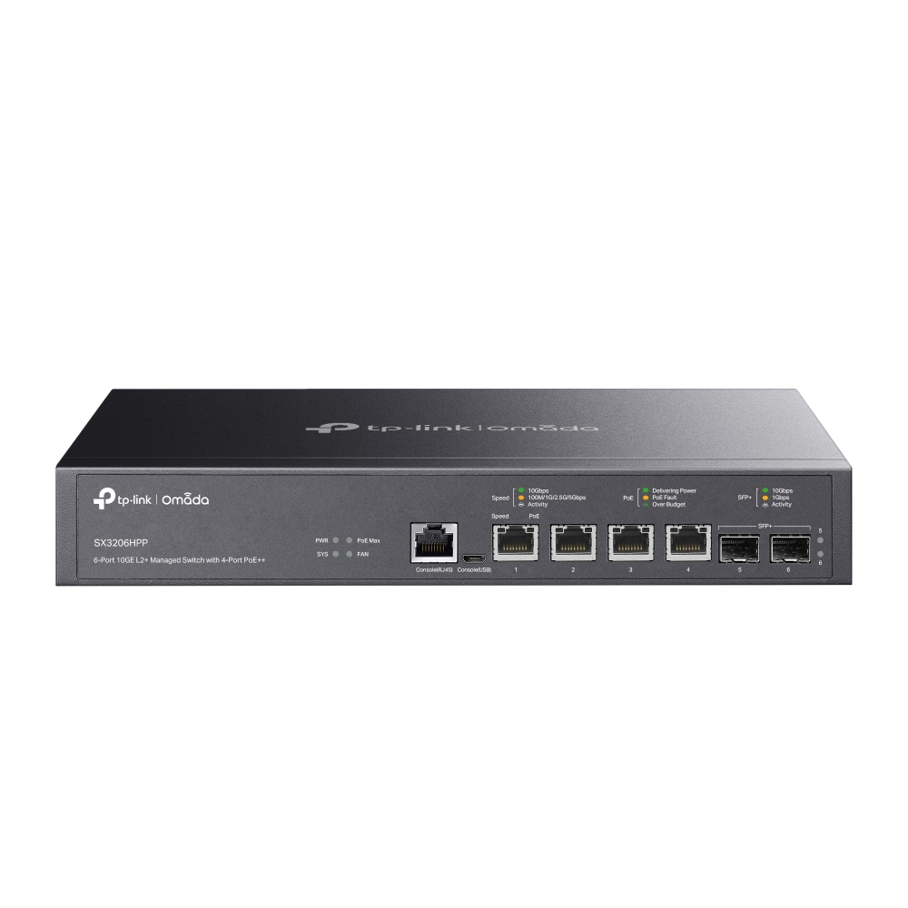 TP-Link Omada SX3206HPP 4 Puertos Gestionable Conmutador Ethernet - Ethernet de 10 gigabits - 10GBase-T, 10GBase-X - 2 Capa compatible - Modular - 244.90W Power Consumption - 200W Rendimiento PoE - Par trenzado, Fibra Óptica - PoE Ports - Montable en bastidor, De Escritorio SWITCH OMADA L2 DE 6 PUERTOS A CON 4 PUERTOS POE