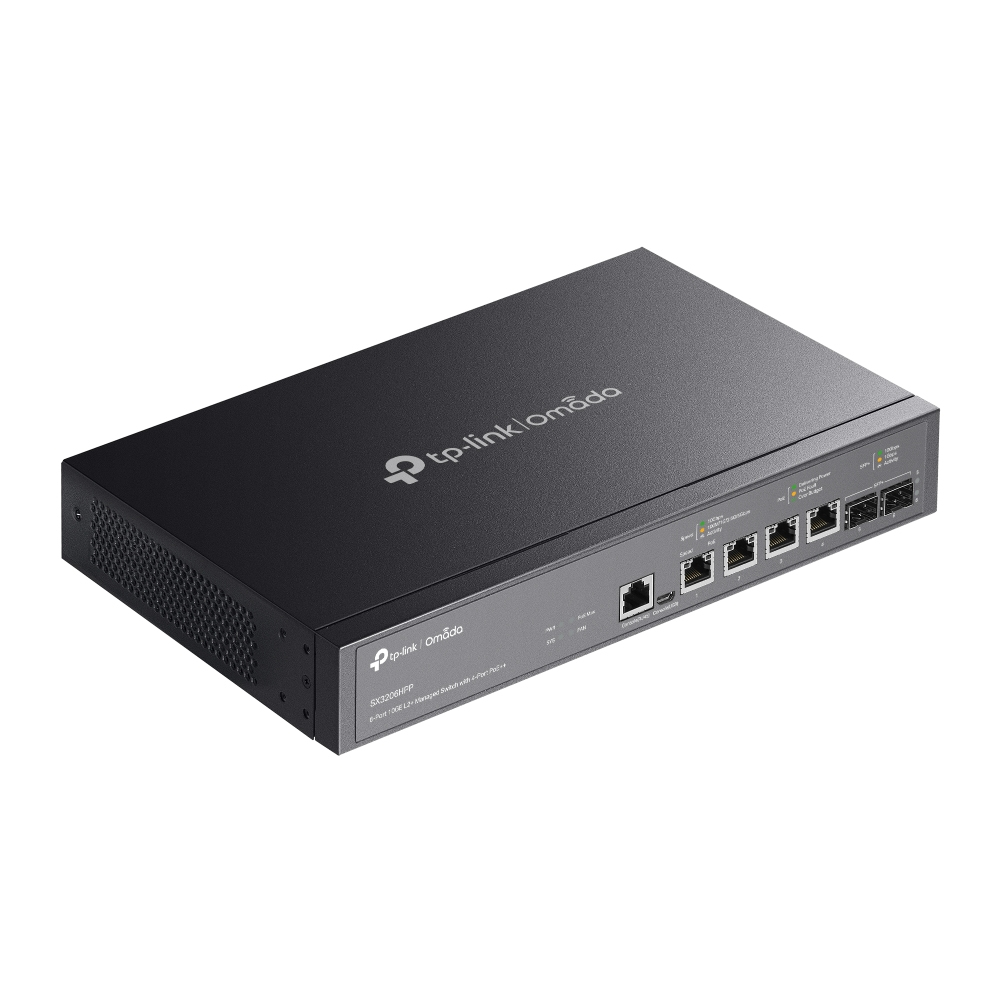 TP-Link Omada SX3206HPP 4 Puertos Gestionable Conmutador Ethernet - Ethernet de 10 gigabits - 10GBase-T, 10GBase-X - 2 Capa compatible - Modular - 244.90W Power Consumption - 200W Rendimiento PoE - Par trenzado, Fibra Óptica - PoE Ports - Montable en bastidor, De Escritorio SWITCH OMADA L2 DE 6 PUERTOS A CON 4 PUERTOS POE - Image 4