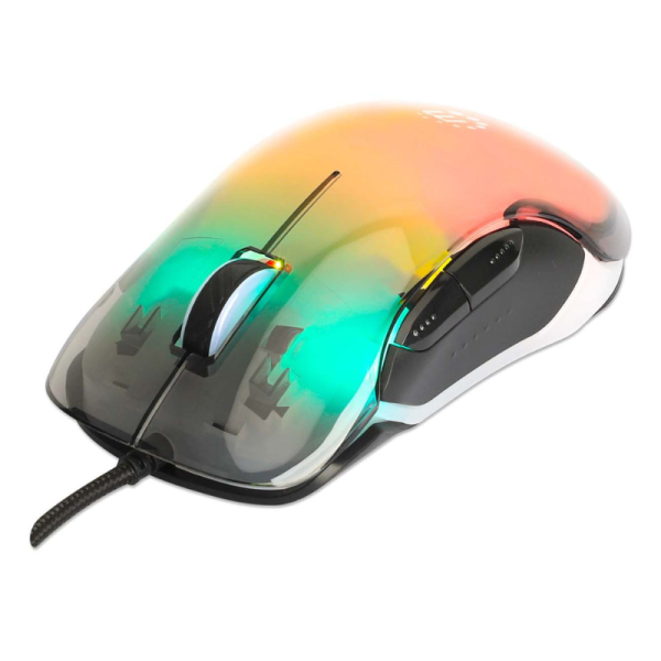 Manhattan Tamańo completo Mouse - USB Tipo A - Óptico - 5 Botón(es) - Transparente - Cable - 12800 dpi - Rueda de desplazamiento - Diestro MOUSE OPTICO GAMING 7 BOTONES USB CABLEADO